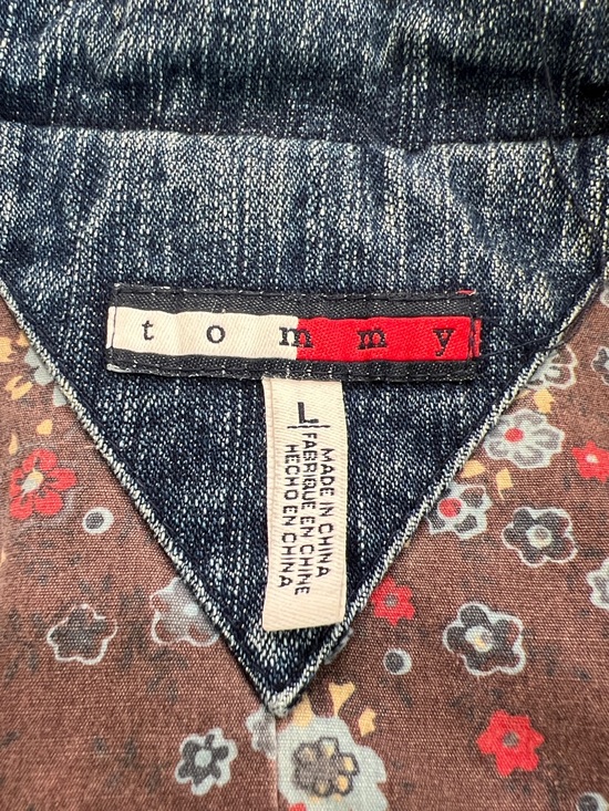 Tommy Hilfiger Y2K Stretch Denim Coat Floral Paisley Lined Long Jacket Size L - Picture 10 of 16